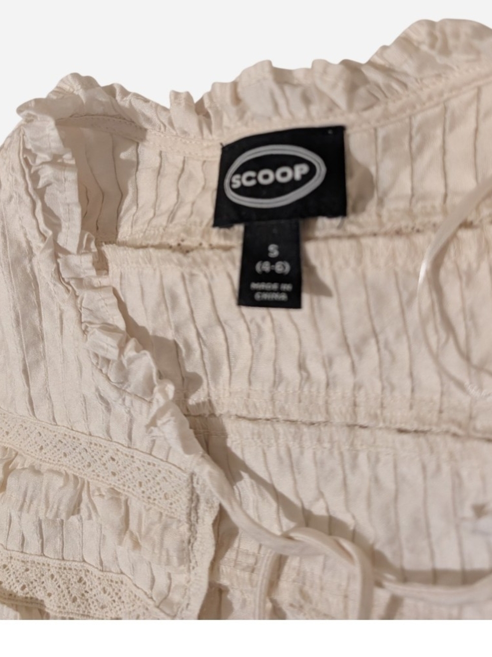 Light Cream Pintuck Lace-Trim Short Sleeve Blouse - Picture 5 of 7